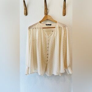 Zara Cream Long Sleeve Sheer Swiss Dot Blouson Sleeve Blouse Size Small